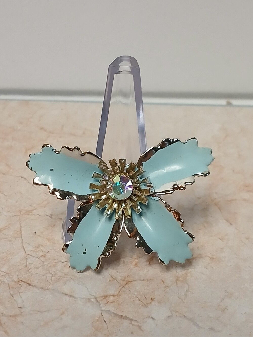 Vintage Light Blue Flower Brooch with Crystal Center